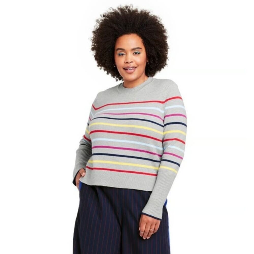 La Ligne Striped Crew Neck Cashmere Blend Sweater Women XL Gray Multicolor
